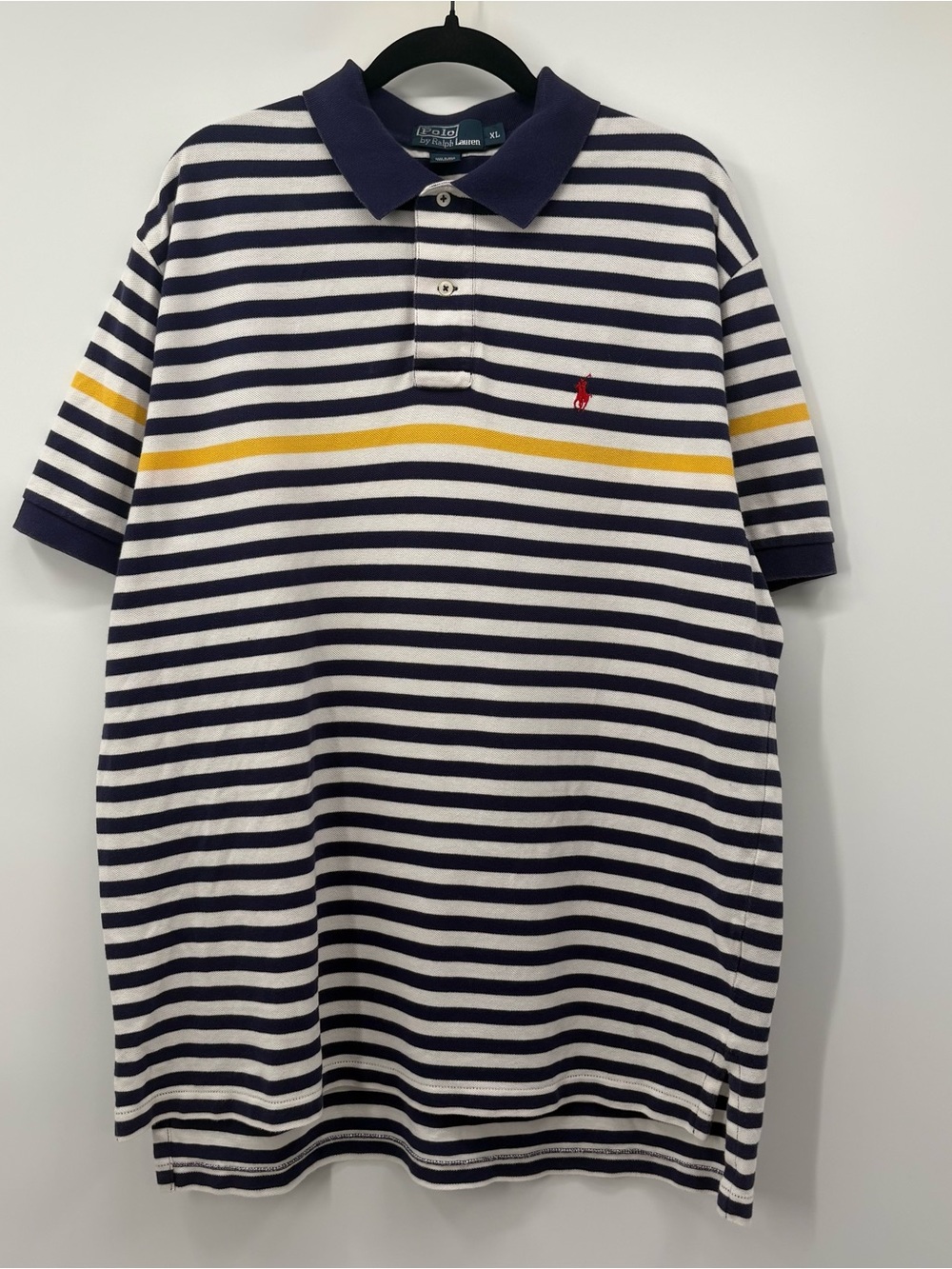 Ralph Lauren Navy & White Striped Polo with Yellow Stripe